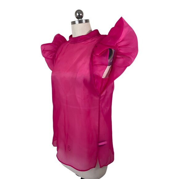 Boston Proper Blouse Womens Medium Pink Fuchsia Organza Ruffle Sleeve Glam Party - Picture 2 of 8